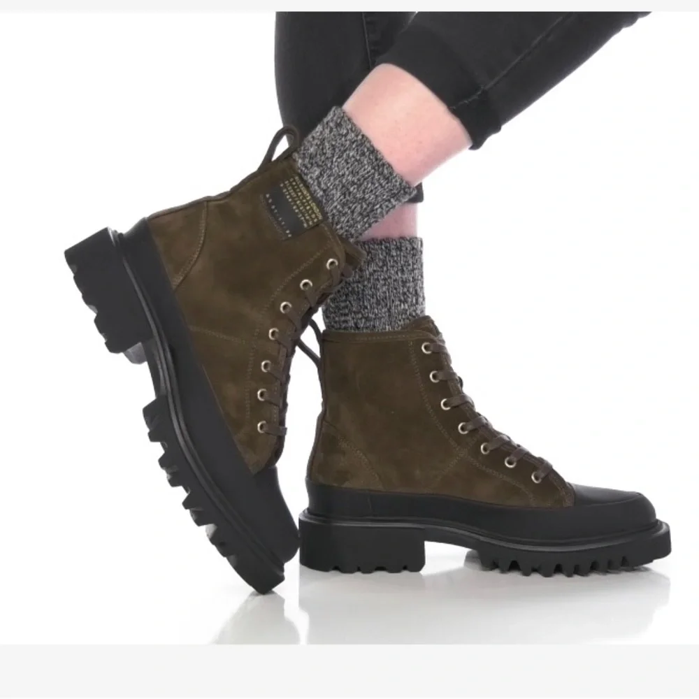 NWT All Saints Myla suede boot in olive/brown with black trim - Picture 13 of 13